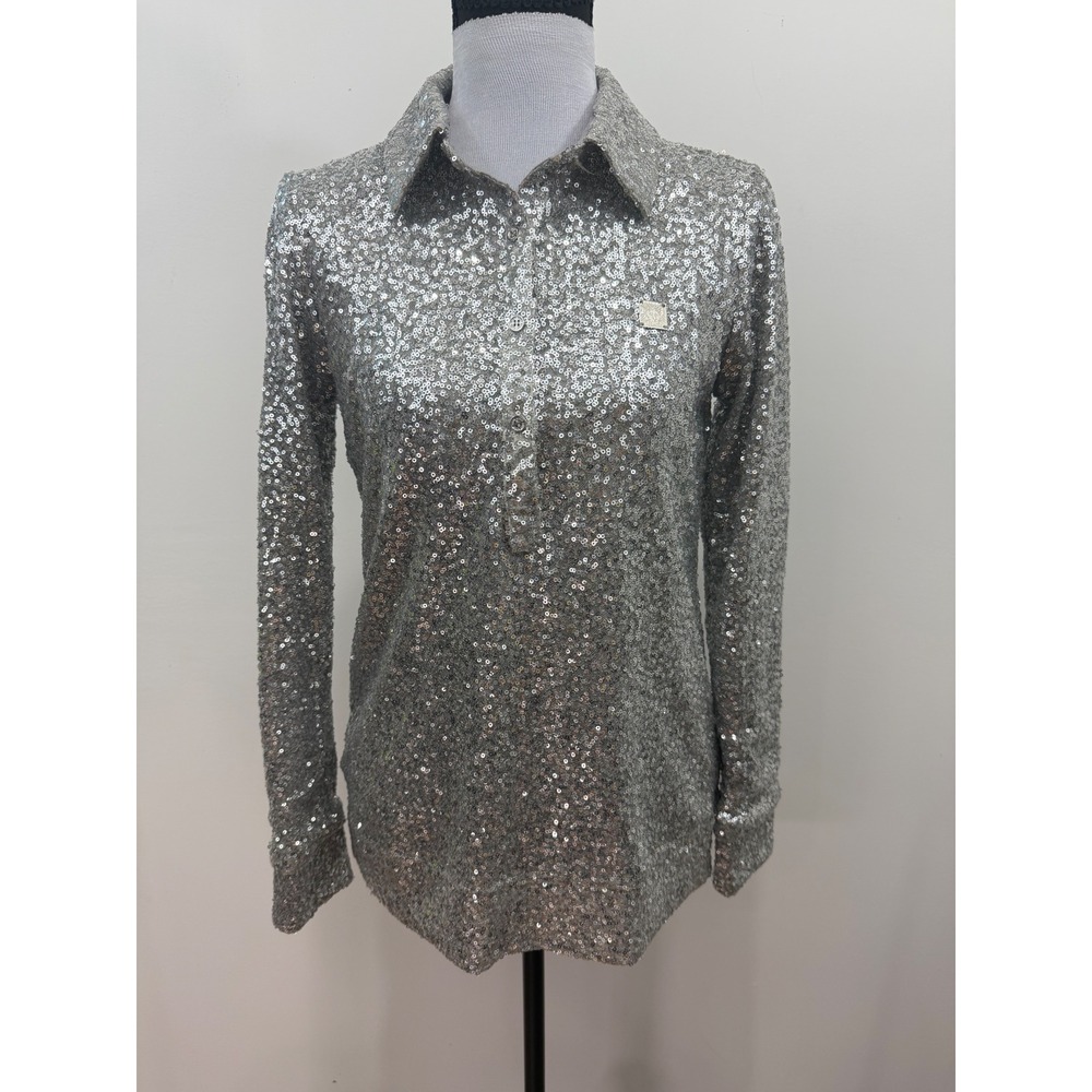 Anne Klein Silver Sequin Long Sleeve Polo Shirt Top XS Shimmer Party Holiday